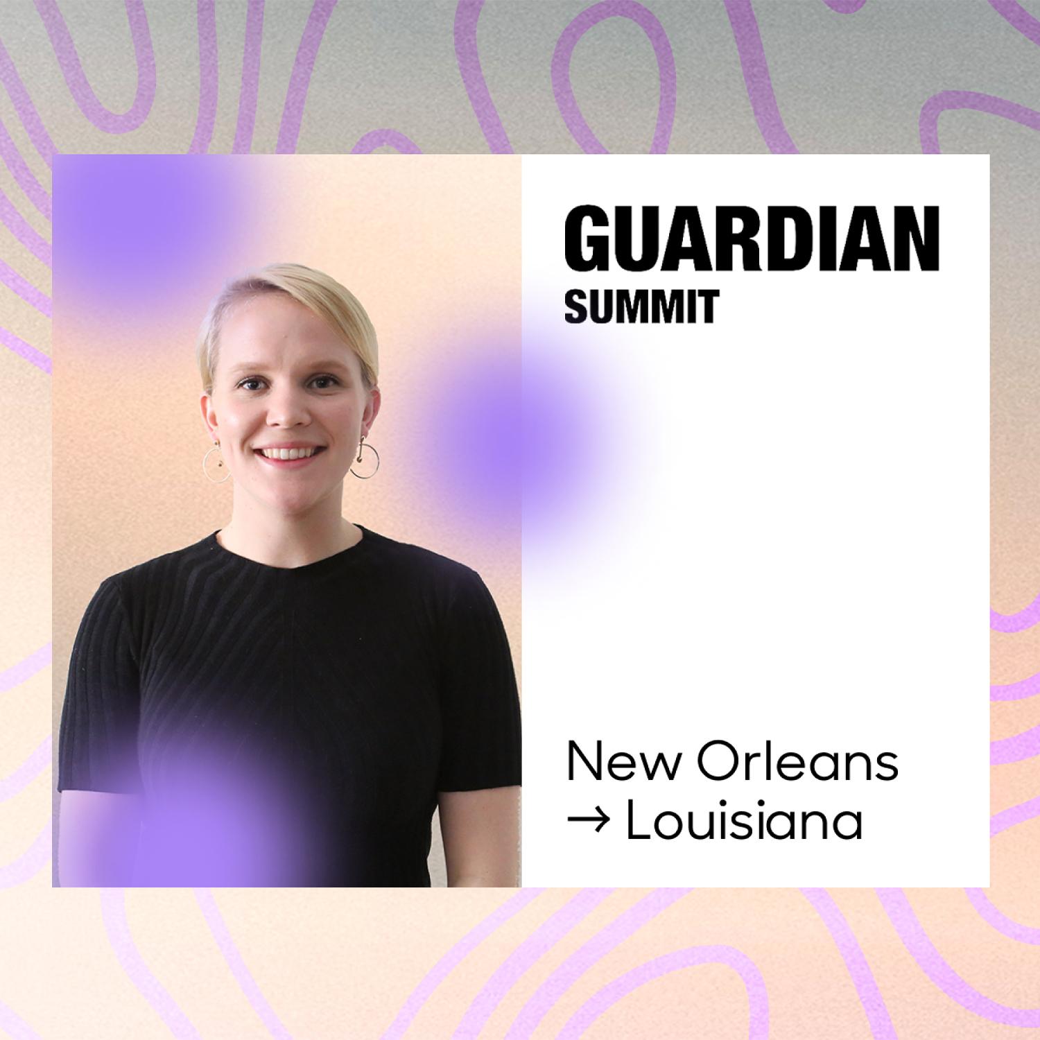 Guardian Summit event card with attendee portrait and New Orleans, Louisiana text