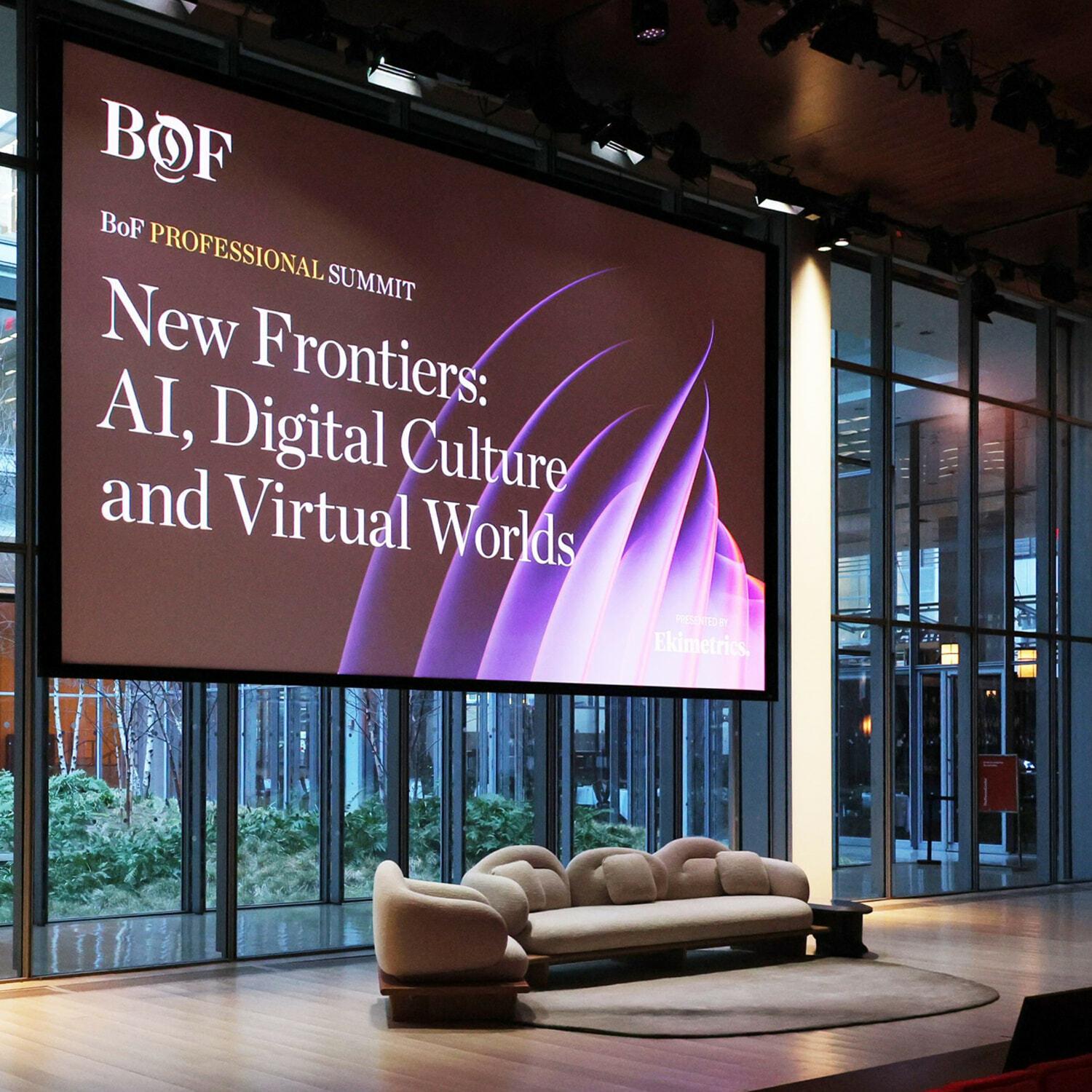 BoF Professional Summit stage screen reading New Frontiers: AI, Digital Culture and Virtual Worlds