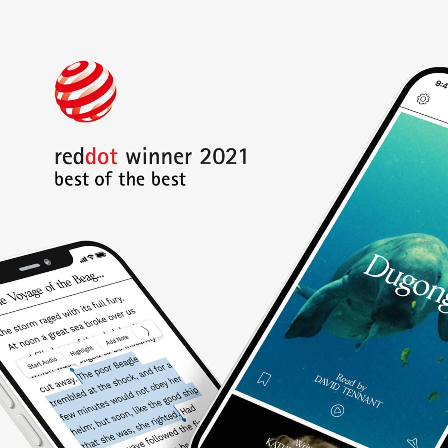 red dot winner 2021 best of the best badge beside Alexander app screens showing the story Dugong