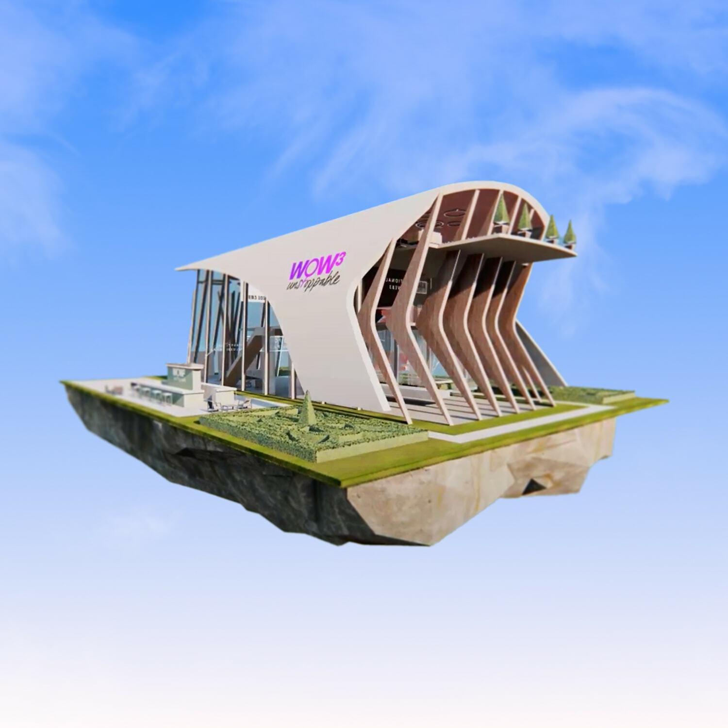 Futuristic pavilion model floating on a rock platform under a blue sky