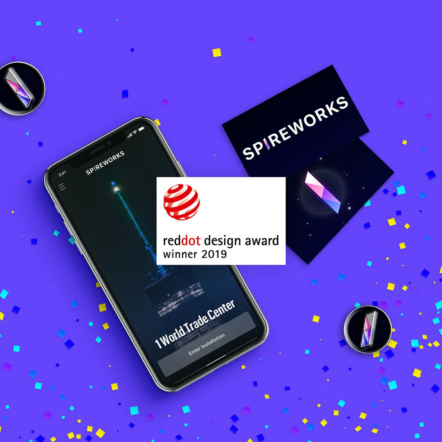 Spireworks app and cards with Red Dot Design Award winner 2019 badge on purple confetti