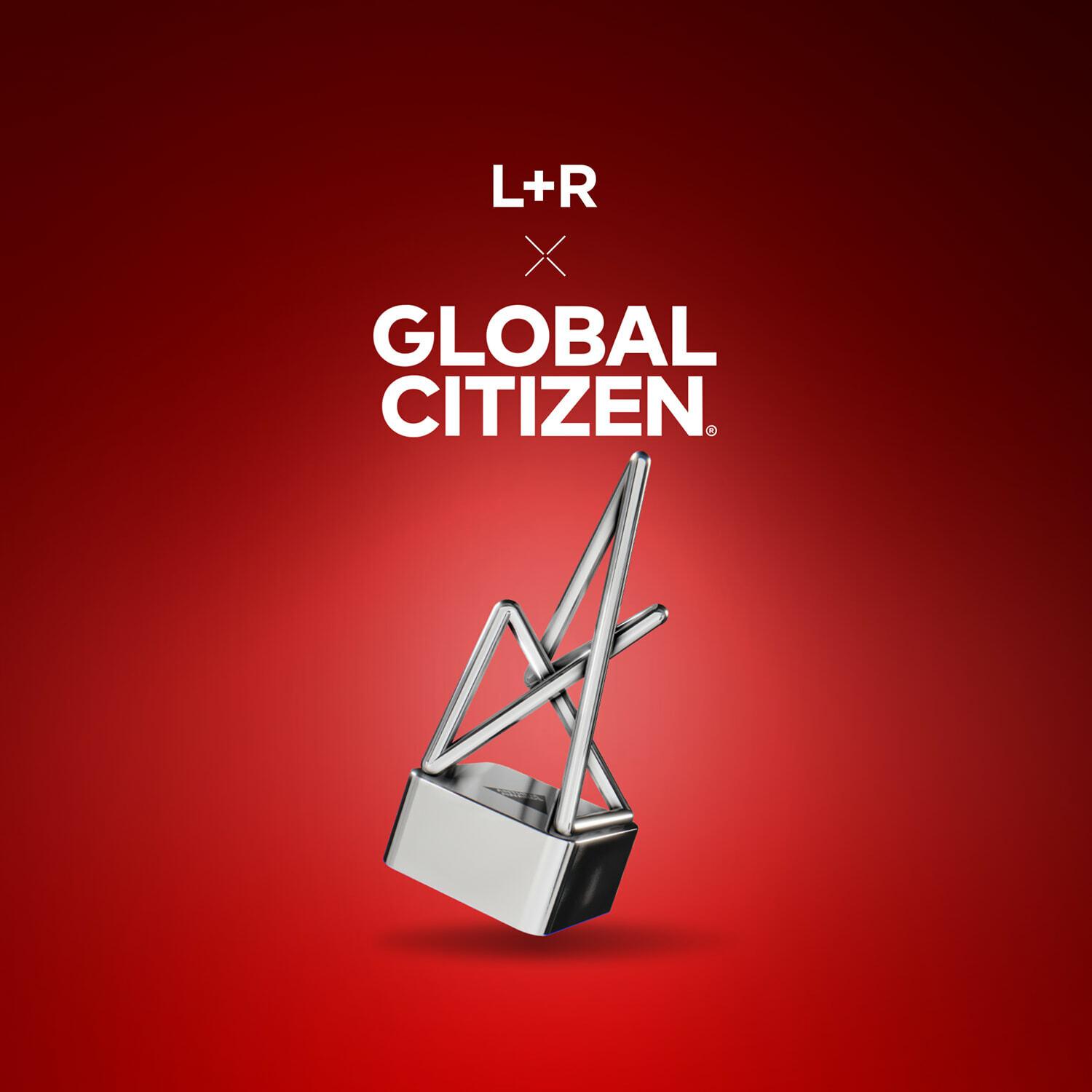 L+R and Global Citizen logos above a silver award on red