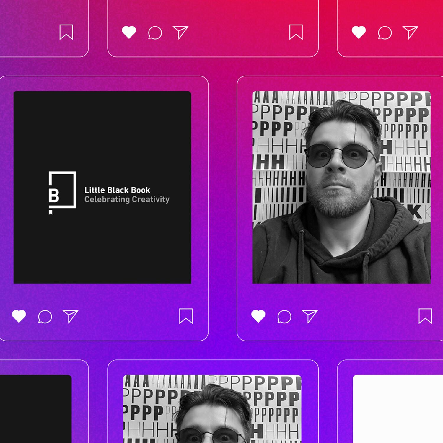 Grid of mock social posts alternating the L+R and Little Black Book logos with a portrait of Chris Martinié