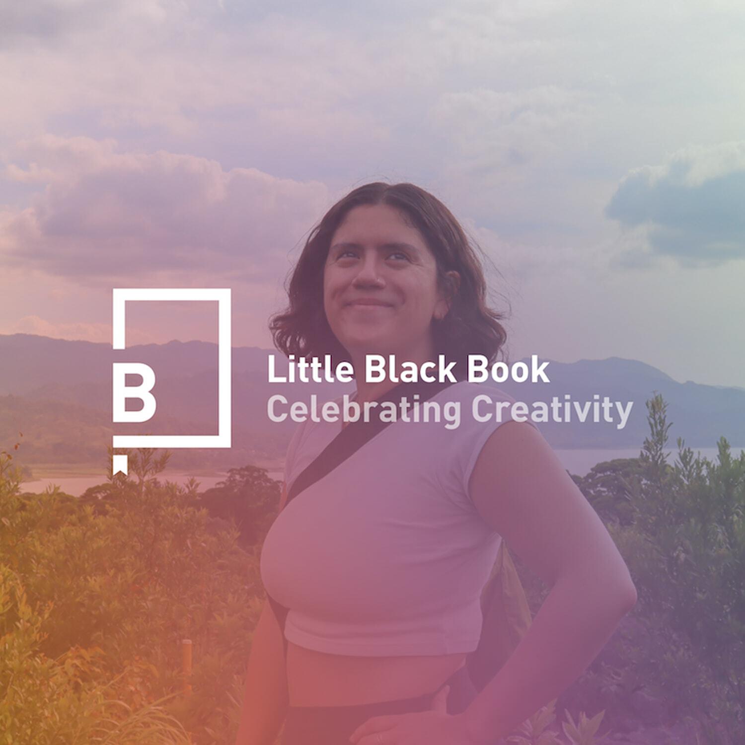 María Fernanda Quevedo on a hillside overlooking a lake, with the Little Black Book logo