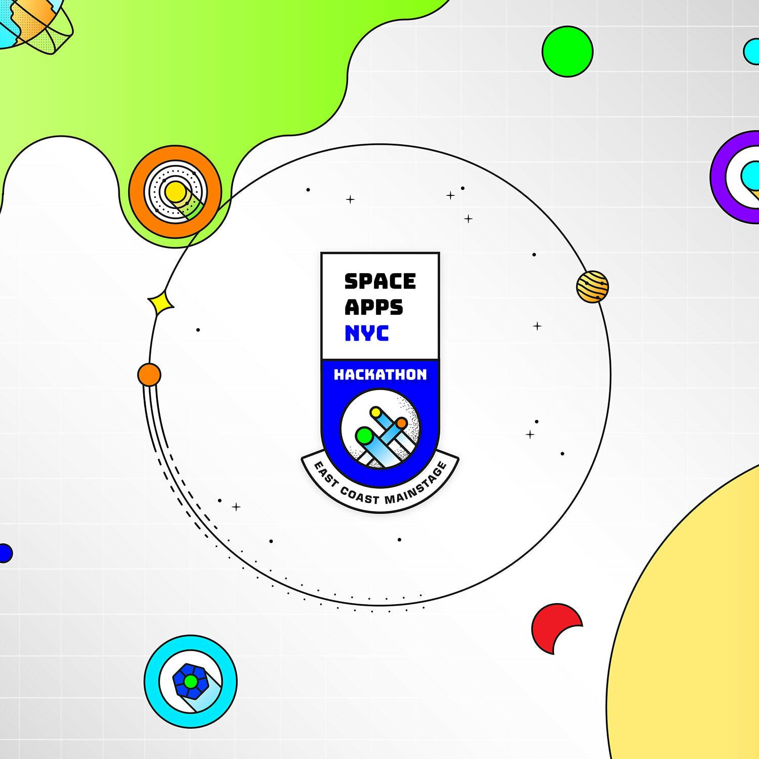 Space Apps NYC Hackathon badge amid illustrated planets and orbit lines