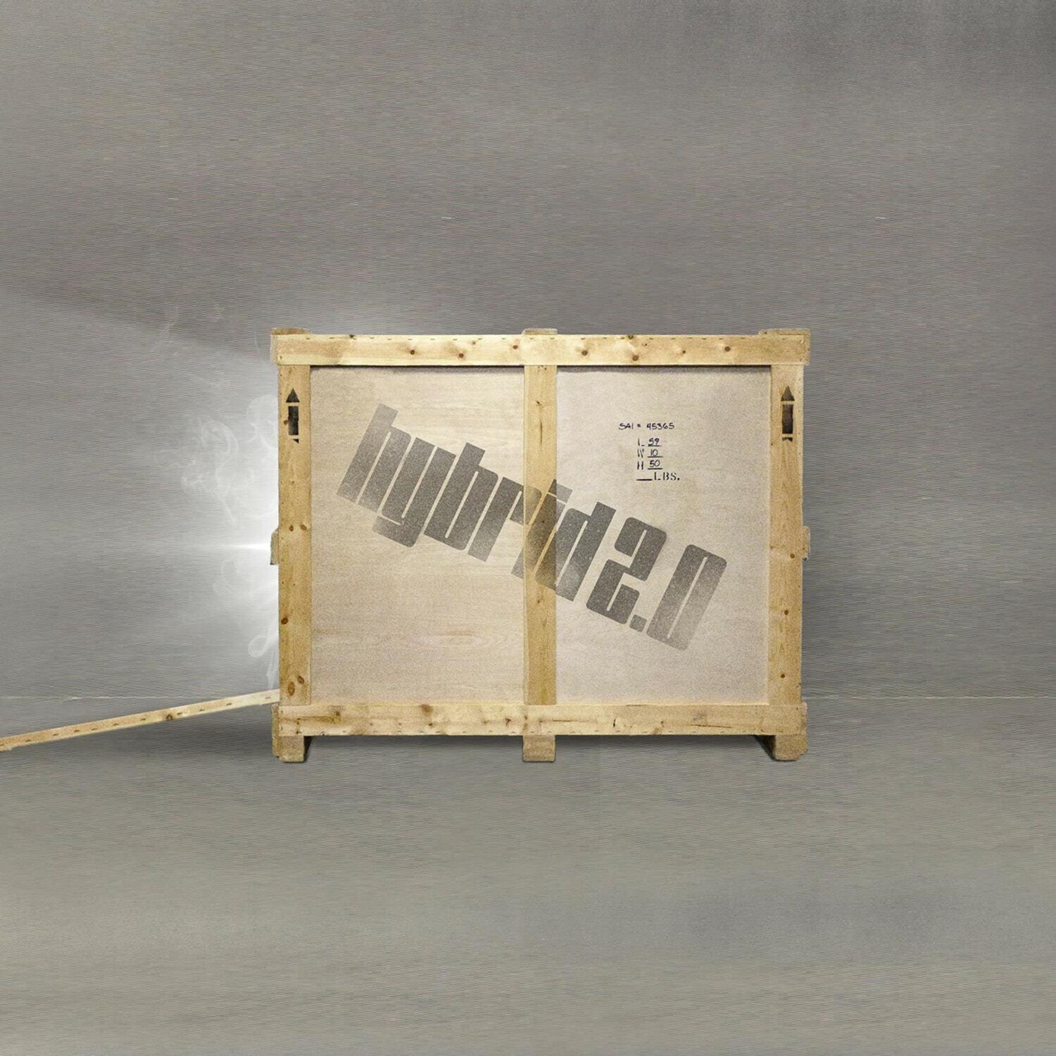 Wooden shipping crate stencilled hybrid 2.0 standing in a grey studio