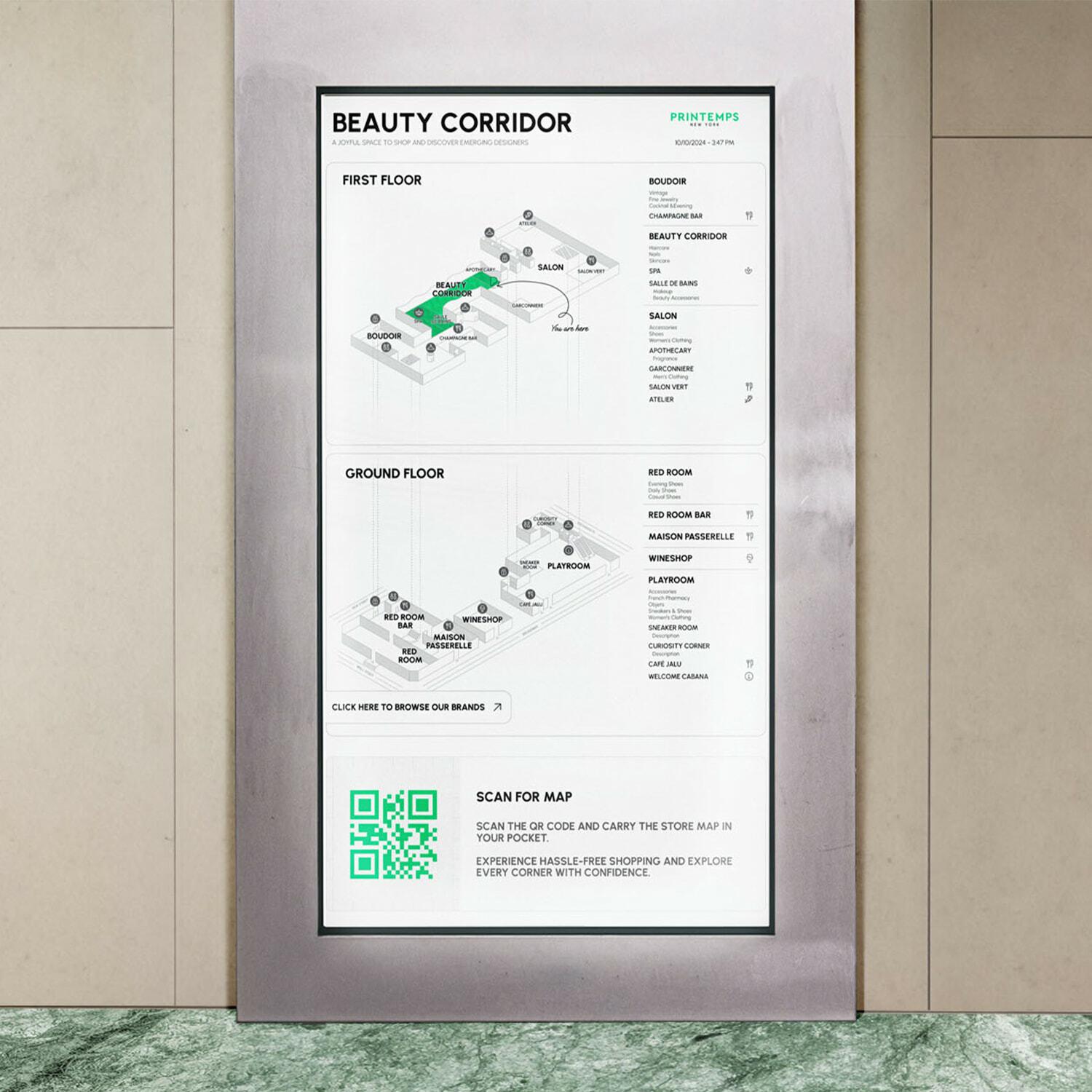 Beauty Corridor digital directory with floor maps and QR code