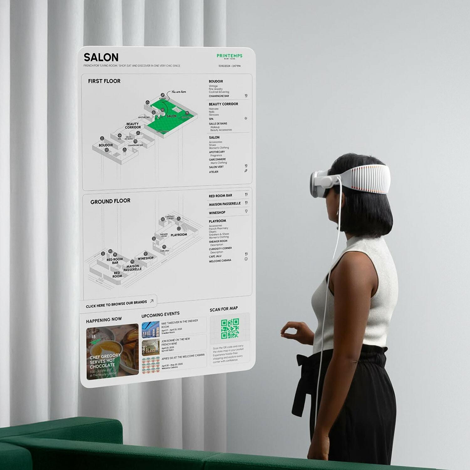 Person in VR headset viewing a floating salon directory map
