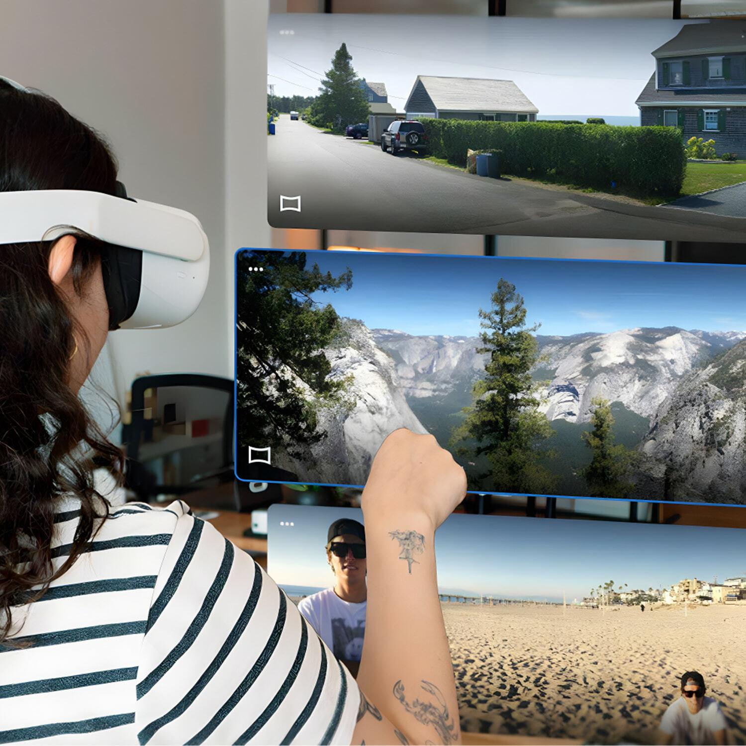 Person in a VR headset reaching toward stacked panoramic photos in Media View