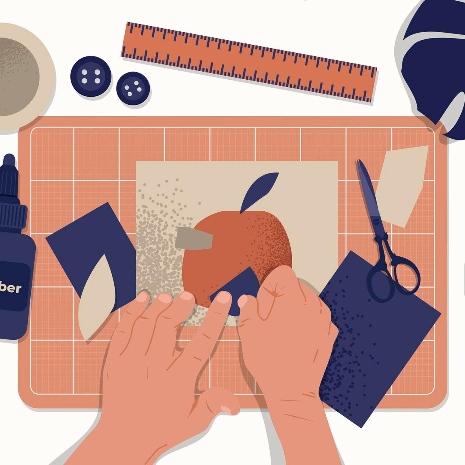 Illustration of hands making an apple collage with paper, scissors, and craft tools