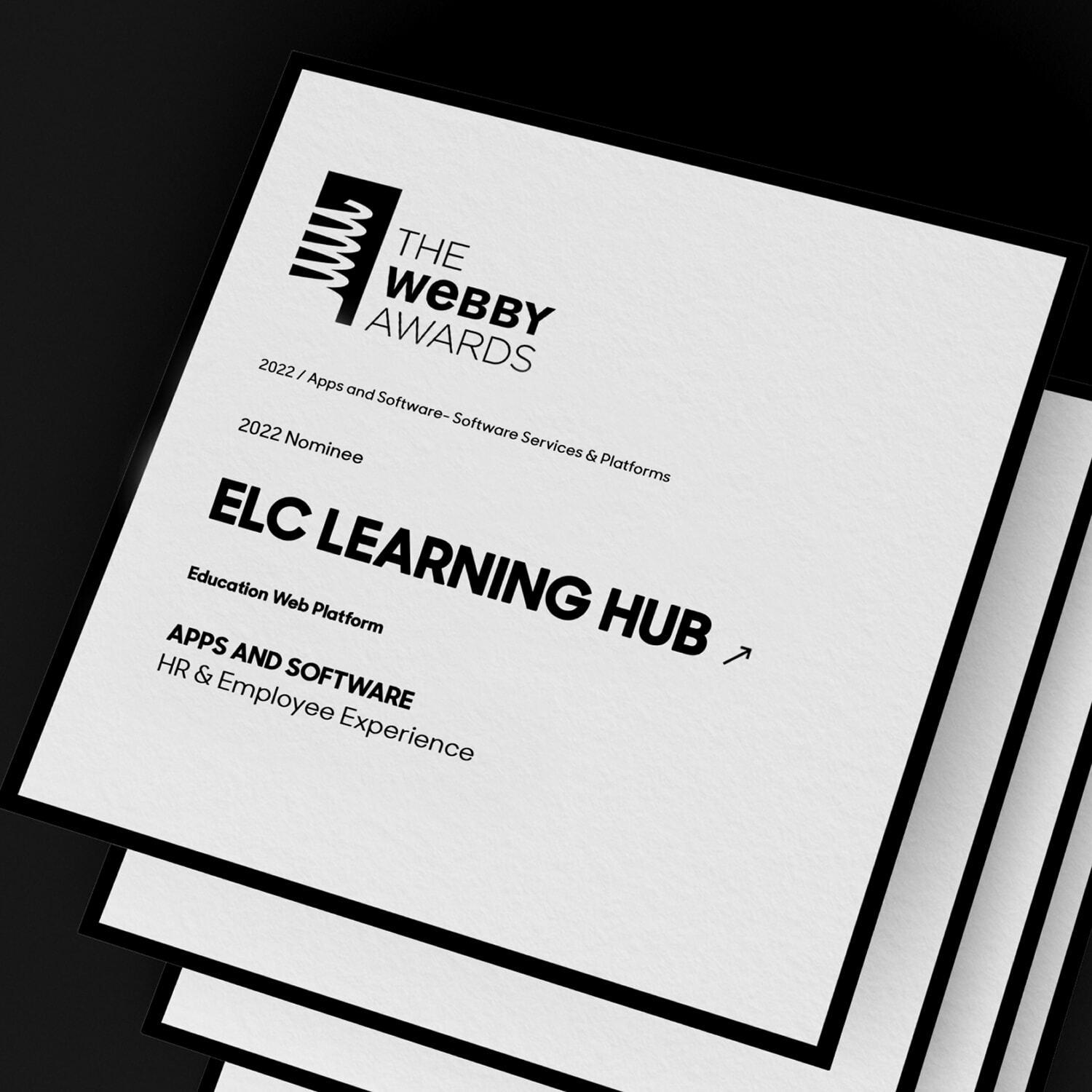 Stack of Webby Awards 2022 nominee cards for the ELC Learning Hub
