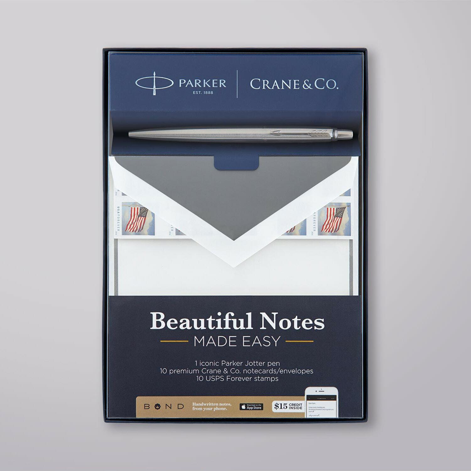 Parker and Crane & Co. "Beautiful Notes Made Easy" boxed set with pen, notecards and stamps
