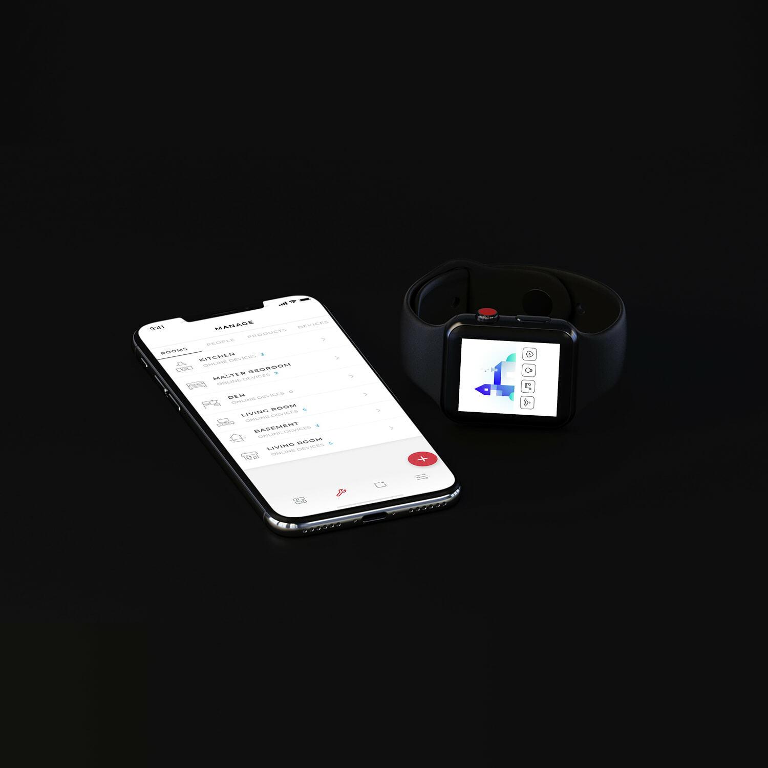 Smart home app on a phone listing rooms and connected devices, with a paired smartwatch