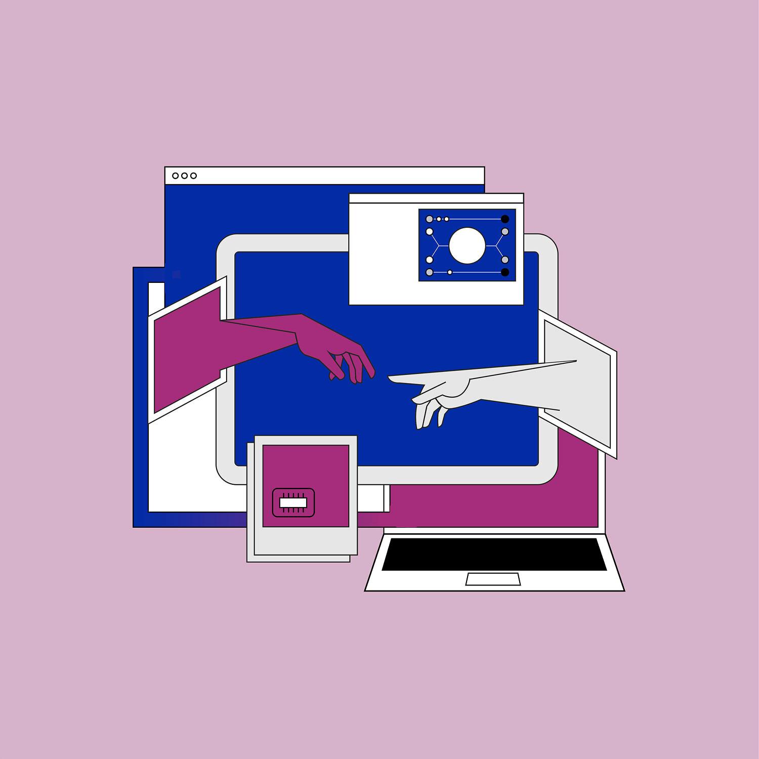 Illustration of hands reaching through browser windows on a laptop