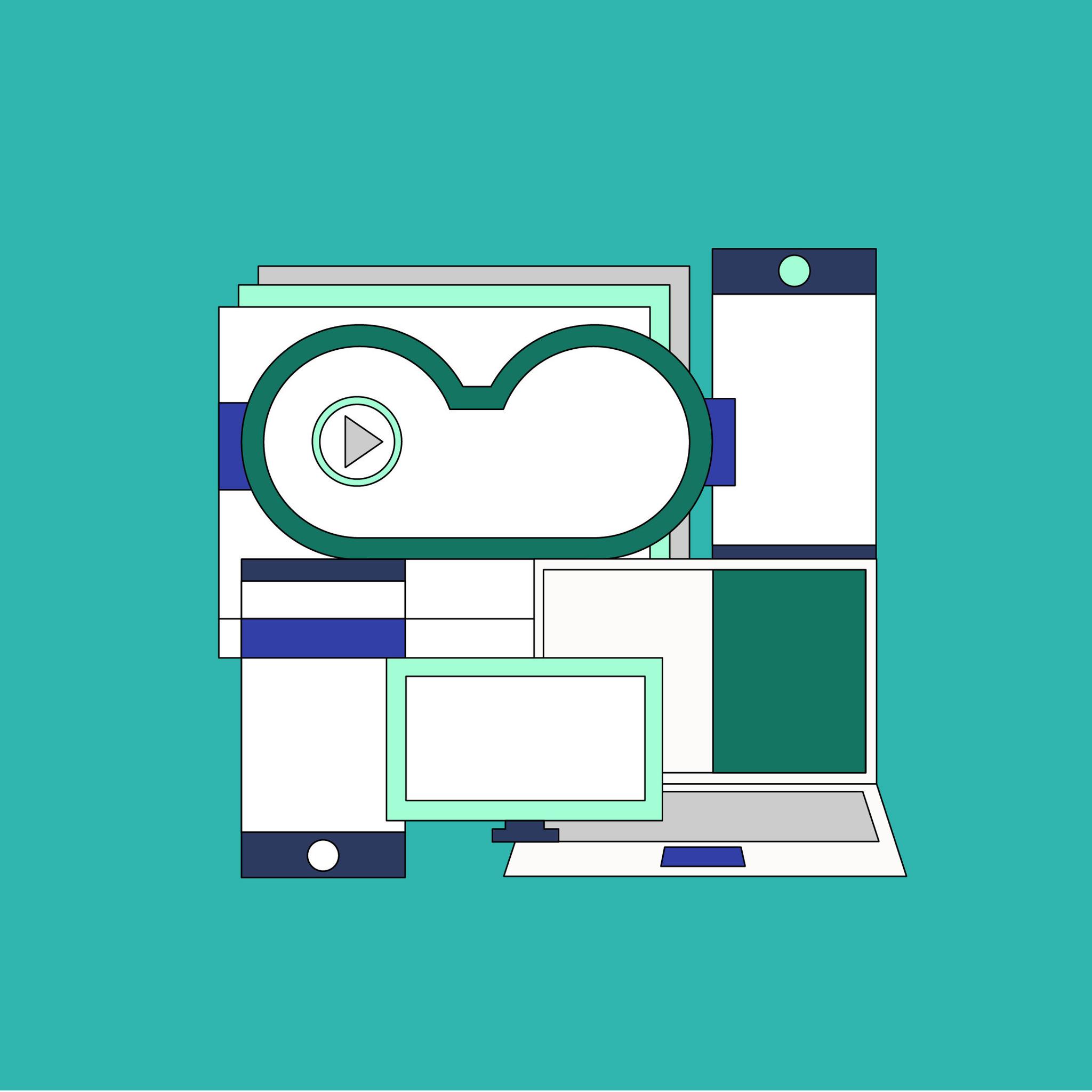 Cloud with a play button above phones, a monitor and a laptop