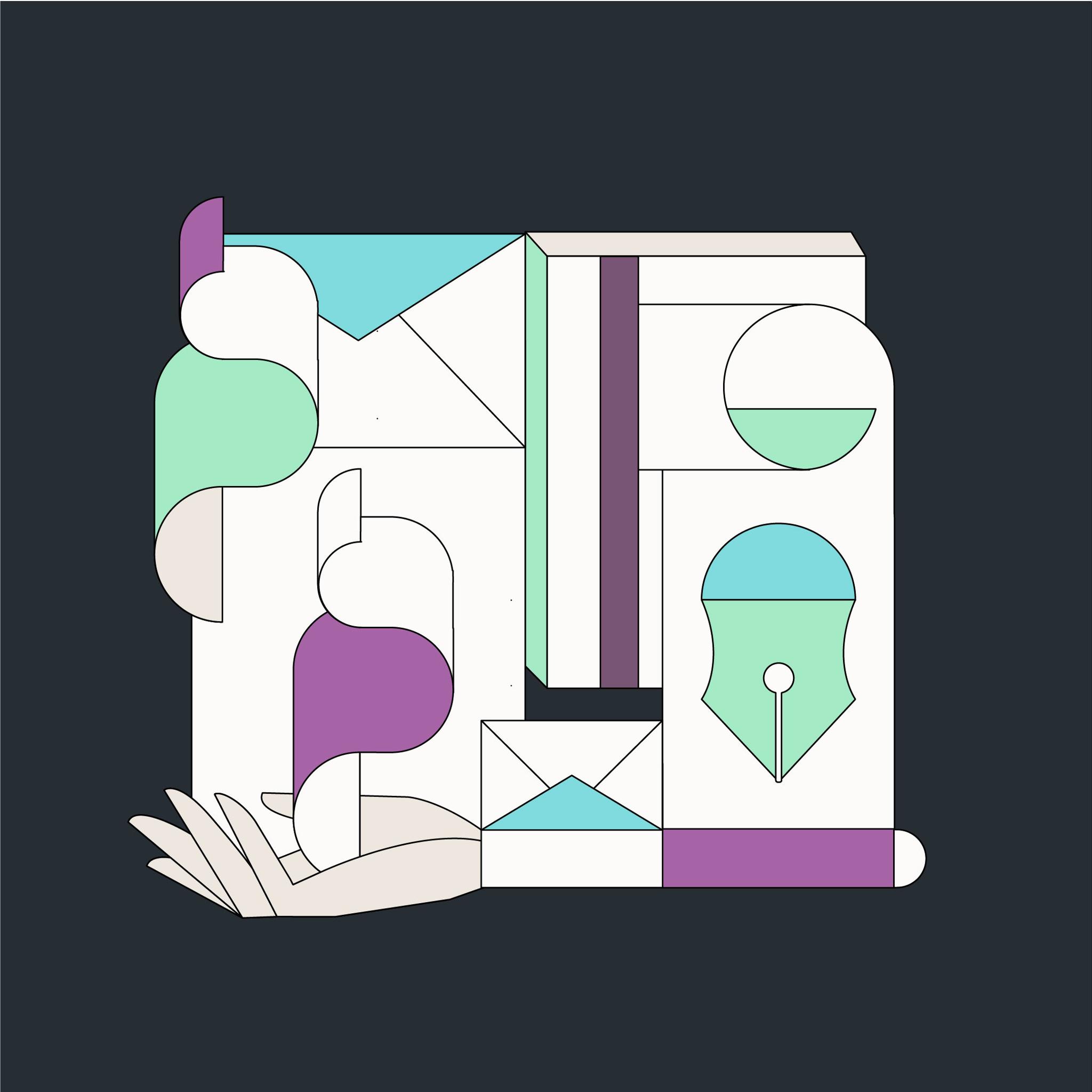 Square abstract illustration with envelopes, pen nibs, hands, and pastel shapes
