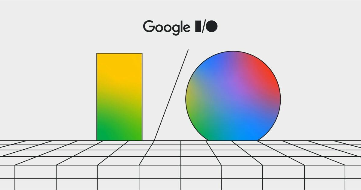 Google I/O logo above gradient I and O shapes on a wireframe grid