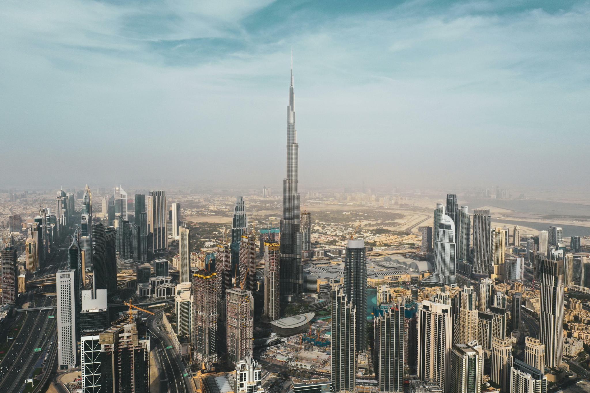 Aerial view of downtown Dubai with the Burj Khalifa at the centre