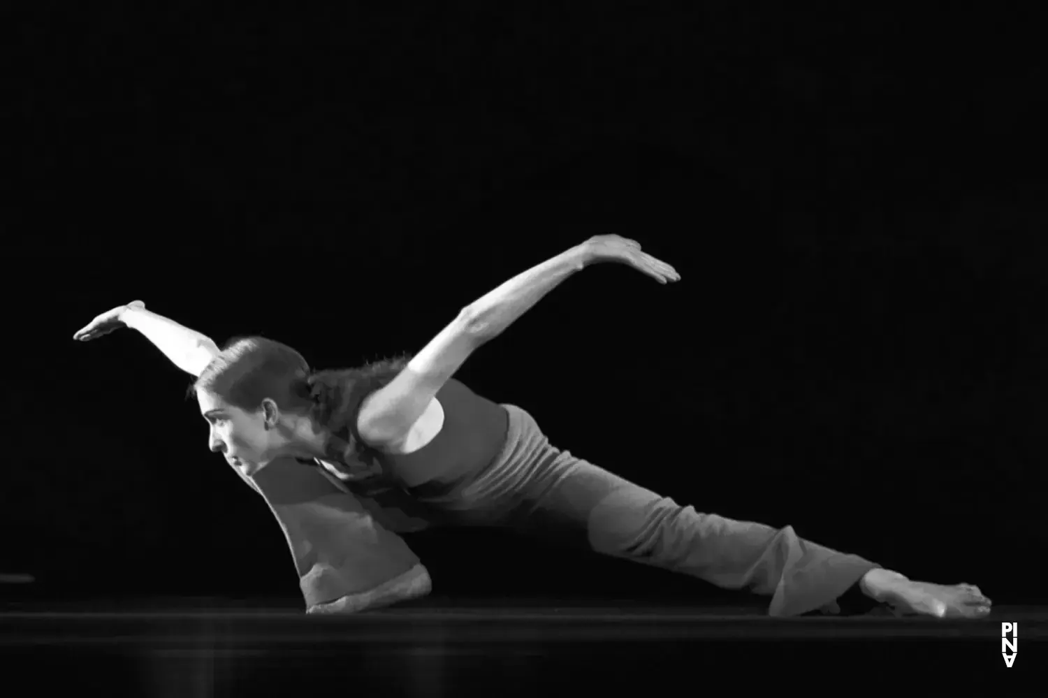 Dancer in a low lunge on a dark stage, from a Pina Bausch Tanztheater production