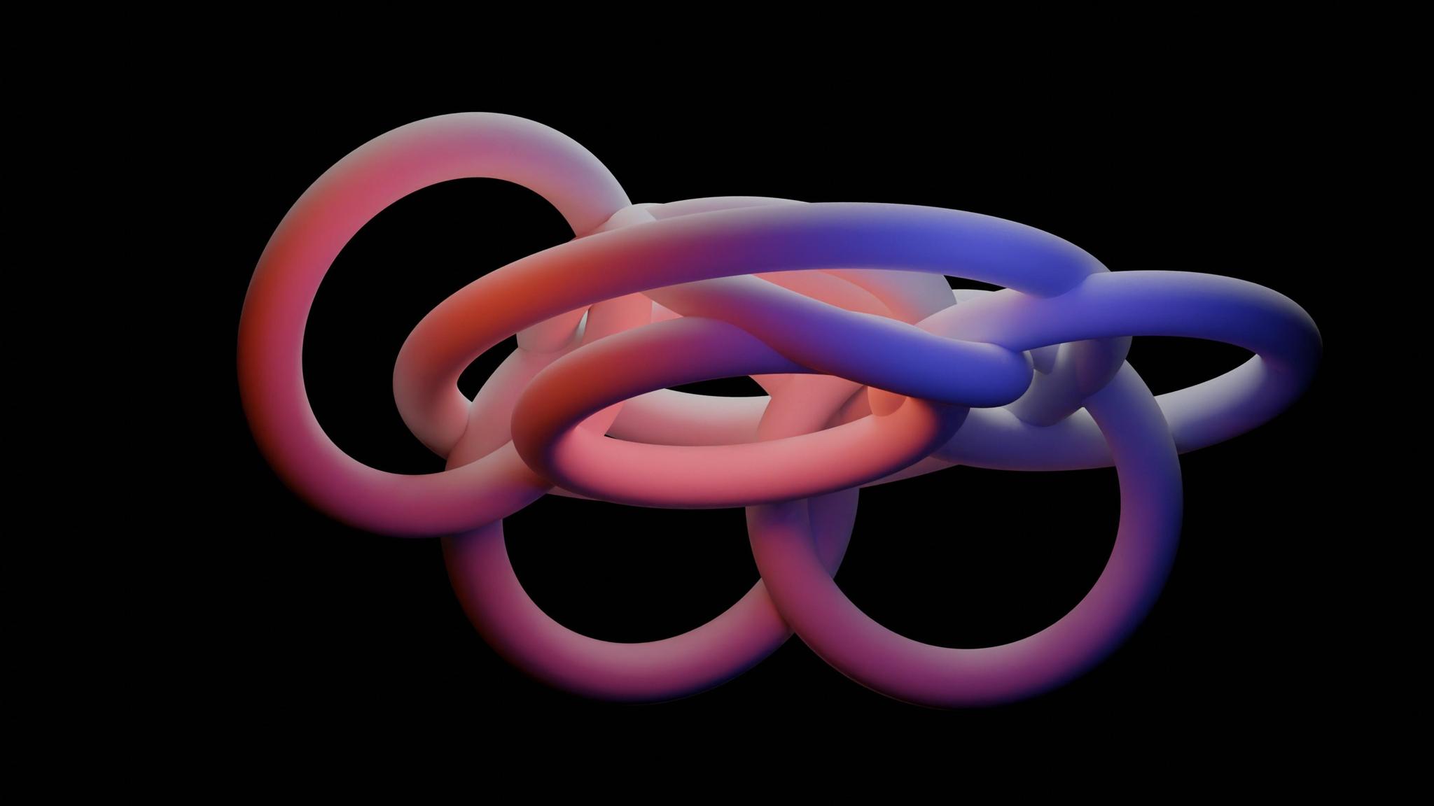 Abstract intertwined 3D loops in pink, purple, and blue on black